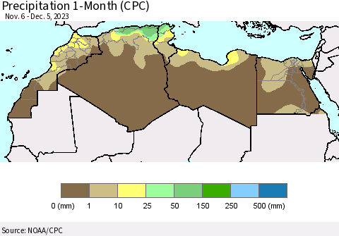 North Africa Precipitation 1-Month (CPC) Thematic Map For 11/6/2023 - 12/5/2023