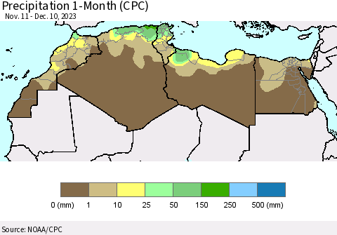 North Africa Precipitation 1-Month (CPC) Thematic Map For 11/11/2023 - 12/10/2023