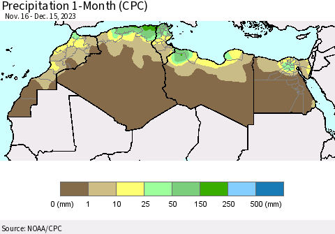 North Africa Precipitation 1-Month (CPC) Thematic Map For 11/16/2023 - 12/15/2023
