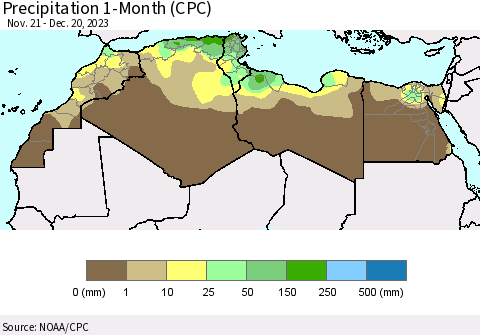 North Africa Precipitation 1-Month (CPC) Thematic Map For 11/21/2023 - 12/20/2023