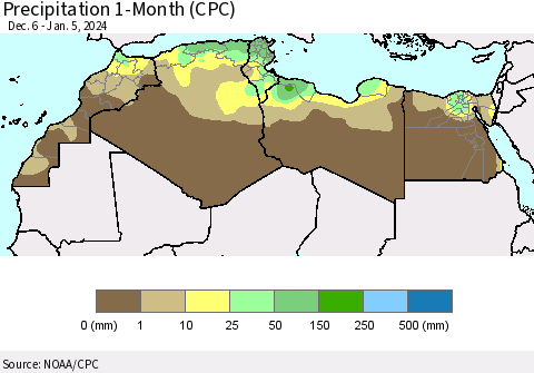 North Africa Precipitation 1-Month (CPC) Thematic Map For 12/6/2023 - 1/5/2024