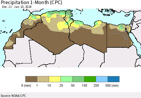 North Africa Precipitation 1-Month (CPC) Thematic Map For 12/11/2023 - 1/10/2024