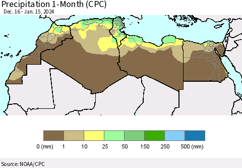North Africa Precipitation 1-Month (CPC) Thematic Map For 12/16/2023 - 1/15/2024