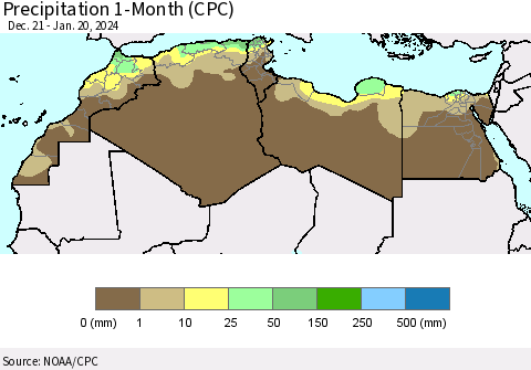 North Africa Precipitation 1-Month (CPC) Thematic Map For 12/21/2023 - 1/20/2024