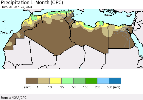 North Africa Precipitation 1-Month (CPC) Thematic Map For 12/26/2023 - 1/25/2024