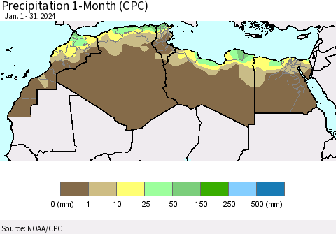 North Africa Precipitation 1-Month (CPC) Thematic Map For 1/1/2024 - 1/31/2024