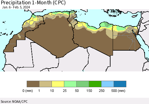 North Africa Precipitation 1-Month (CPC) Thematic Map For 1/6/2024 - 2/5/2024
