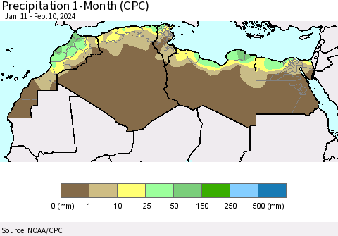 North Africa Precipitation 1-Month (CPC) Thematic Map For 1/11/2024 - 2/10/2024