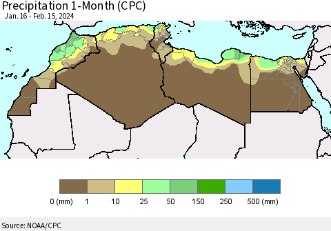 North Africa Precipitation 1-Month (CPC) Thematic Map For 1/16/2024 - 2/15/2024