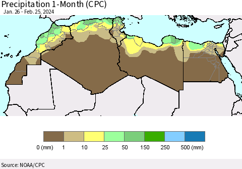 North Africa Precipitation 1-Month (CPC) Thematic Map For 1/26/2024 - 2/25/2024