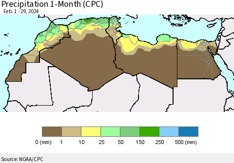 North Africa Precipitation 1-Month (CPC) Thematic Map For 2/1/2024 - 2/29/2024