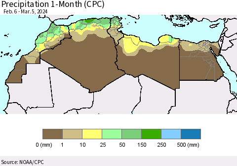 North Africa Precipitation 1-Month (CPC) Thematic Map For 2/6/2024 - 3/5/2024
