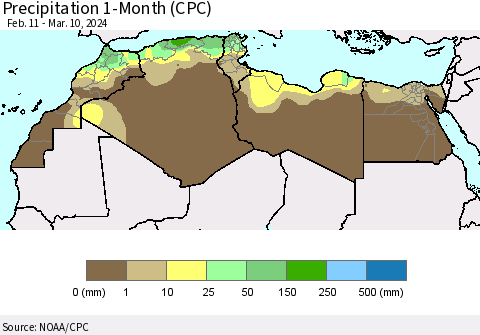 North Africa Precipitation 1-Month (CPC) Thematic Map For 2/11/2024 - 3/10/2024