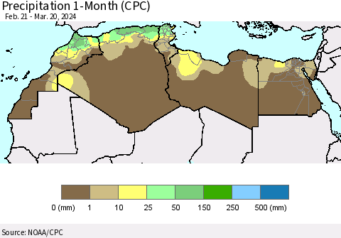 North Africa Precipitation 1-Month (CPC) Thematic Map For 2/21/2024 - 3/20/2024
