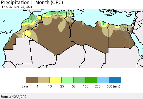 North Africa Precipitation 1-Month (CPC) Thematic Map For 2/26/2024 - 3/25/2024