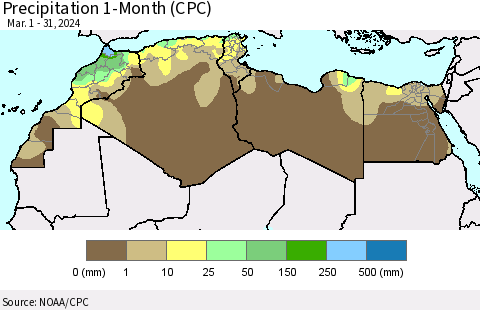 North Africa Precipitation 1-Month (CPC) Thematic Map For 3/1/2024 - 3/31/2024