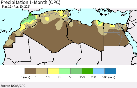 North Africa Precipitation 1-Month (CPC) Thematic Map For 3/11/2024 - 4/10/2024