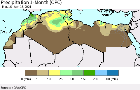 North Africa Precipitation 1-Month (CPC) Thematic Map For 3/16/2024 - 4/15/2024
