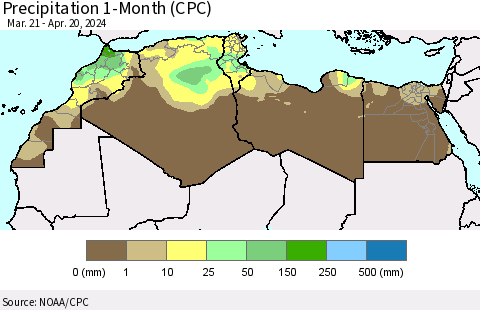 North Africa Precipitation 1-Month (CPC) Thematic Map For 3/21/2024 - 4/20/2024