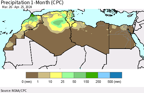 North Africa Precipitation 1-Month (CPC) Thematic Map For 3/26/2024 - 4/25/2024
