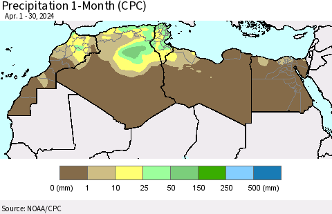 North Africa Precipitation 1-Month (CPC) Thematic Map For 4/1/2024 - 4/30/2024