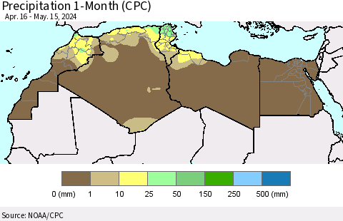 North Africa Precipitation 1-Month (CPC) Thematic Map For 4/16/2024 - 5/15/2024