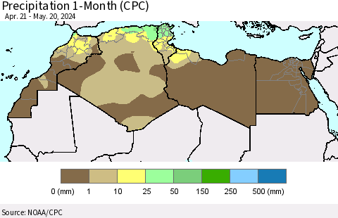 North Africa Precipitation 1-Month (CPC) Thematic Map For 4/21/2024 - 5/20/2024