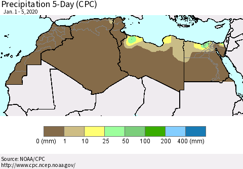 North Africa Precipitation 5-Day (CPC) Thematic Map For 1/1/2020 - 1/5/2020