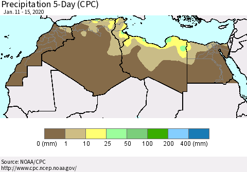 North Africa Precipitation 5-Day (CPC) Thematic Map For 1/11/2020 - 1/15/2020