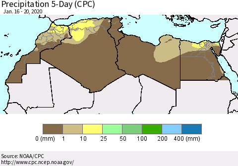 North Africa Precipitation 5-Day (CPC) Thematic Map For 1/16/2020 - 1/20/2020