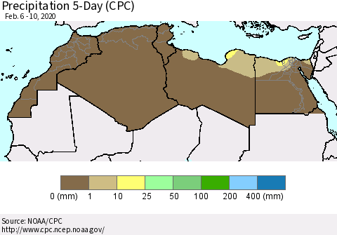 North Africa Precipitation 5-Day (CPC) Thematic Map For 2/6/2020 - 2/10/2020