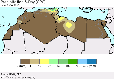 North Africa Precipitation 5-Day (CPC) Thematic Map For 3/6/2020 - 3/10/2020