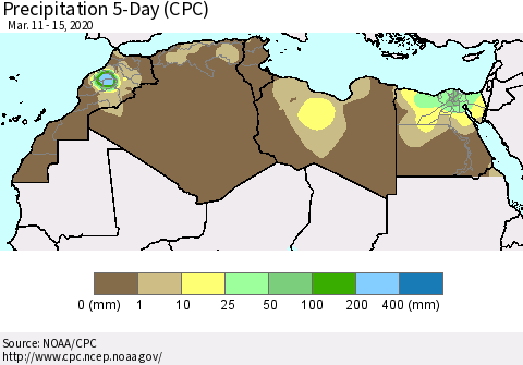 North Africa Precipitation 5-Day (CPC) Thematic Map For 3/11/2020 - 3/15/2020