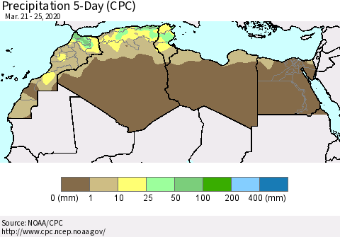North Africa Precipitation 5-Day (CPC) Thematic Map For 3/21/2020 - 3/25/2020
