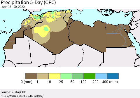 North Africa Precipitation 5-Day (CPC) Thematic Map For 4/16/2020 - 4/20/2020