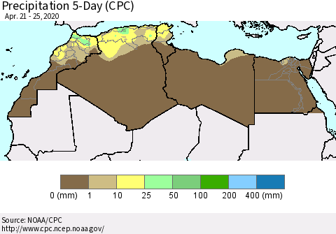 North Africa Precipitation 5-Day (CPC) Thematic Map For 4/21/2020 - 4/25/2020