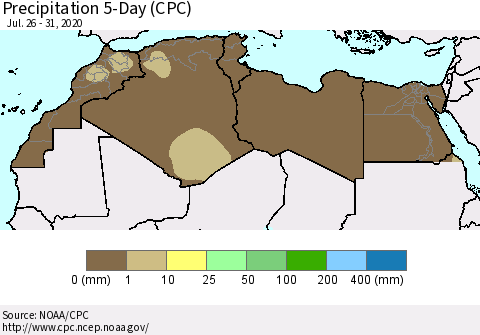 North Africa Precipitation 5-Day (CPC) Thematic Map For 7/26/2020 - 7/31/2020