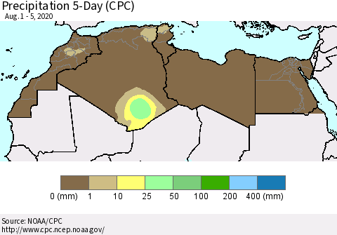 North Africa Precipitation 5-Day (CPC) Thematic Map For 8/1/2020 - 8/5/2020
