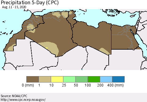 North Africa Precipitation 5-Day (CPC) Thematic Map For 8/11/2020 - 8/15/2020