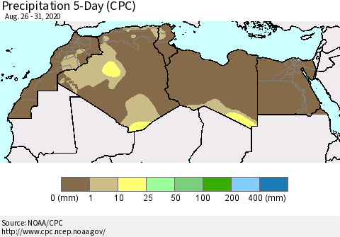 North Africa Precipitation 5-Day (CPC) Thematic Map For 8/26/2020 - 8/31/2020