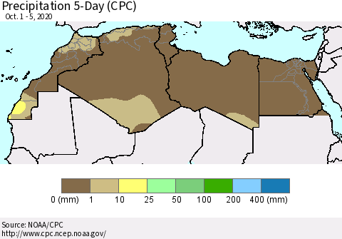 North Africa Precipitation 5-Day (CPC) Thematic Map For 10/1/2020 - 10/5/2020