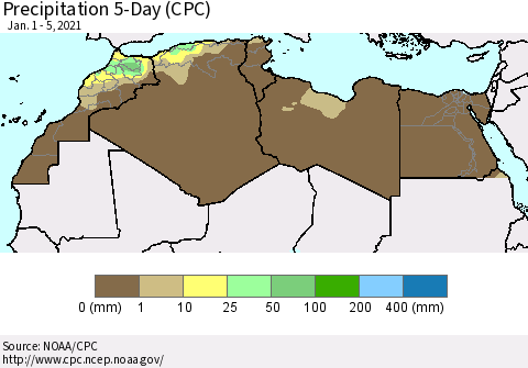 North Africa Precipitation 5-Day (CPC) Thematic Map For 1/1/2021 - 1/5/2021