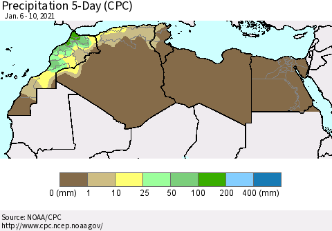 North Africa Precipitation 5-Day (CPC) Thematic Map For 1/6/2021 - 1/10/2021
