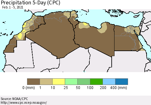 North Africa Precipitation 5-Day (CPC) Thematic Map For 2/1/2021 - 2/5/2021