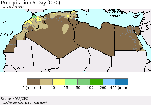 North Africa Precipitation 5-Day (CPC) Thematic Map For 2/6/2021 - 2/10/2021