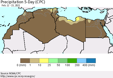 North Africa Precipitation 5-Day (CPC) Thematic Map For 2/11/2021 - 2/15/2021