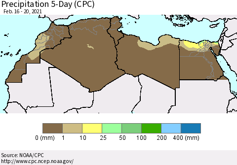 North Africa Precipitation 5-Day (CPC) Thematic Map For 2/16/2021 - 2/20/2021