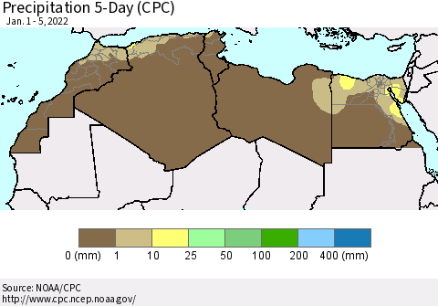 North Africa Precipitation 5-Day (CPC) Thematic Map For 1/1/2022 - 1/5/2022