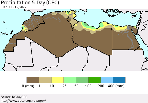 North Africa Precipitation 5-Day (CPC) Thematic Map For 1/11/2022 - 1/15/2022