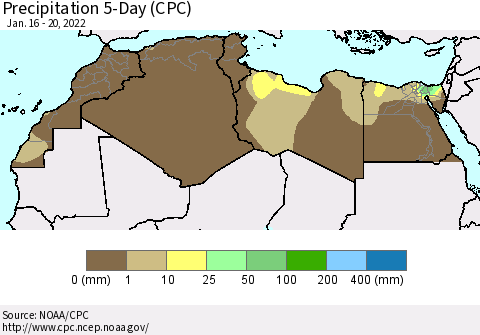 North Africa Precipitation 5-Day (CPC) Thematic Map For 1/16/2022 - 1/20/2022